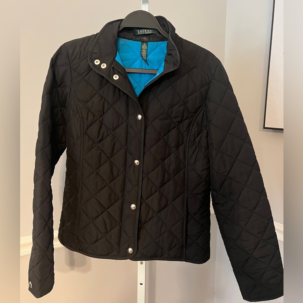 Lauren Ralph Lauren Quilted Jacket Black Size Medium. Striking blue interior.